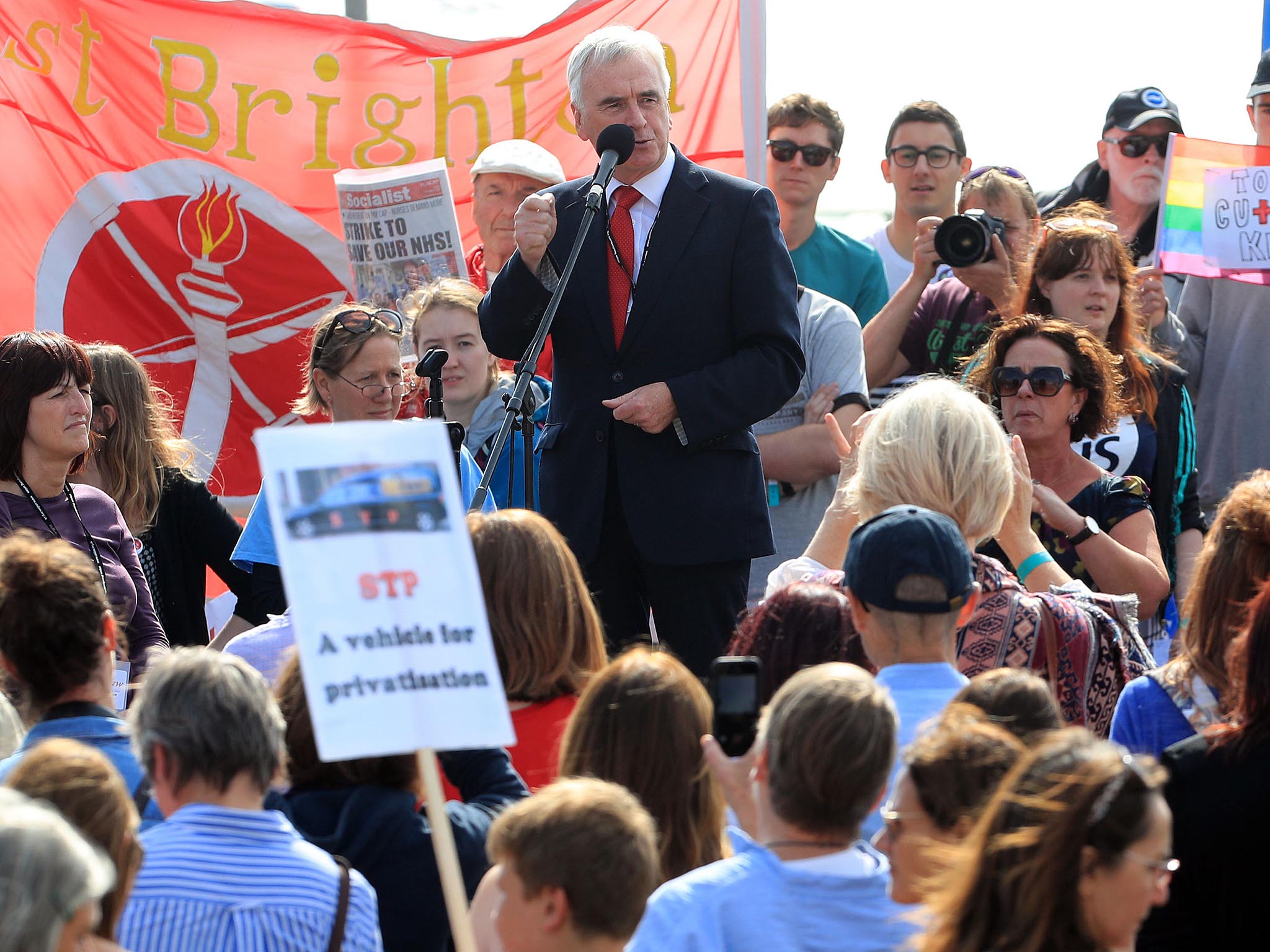 John McDonnell speaks to Labour supporters ahead of his conference speech in Brighton