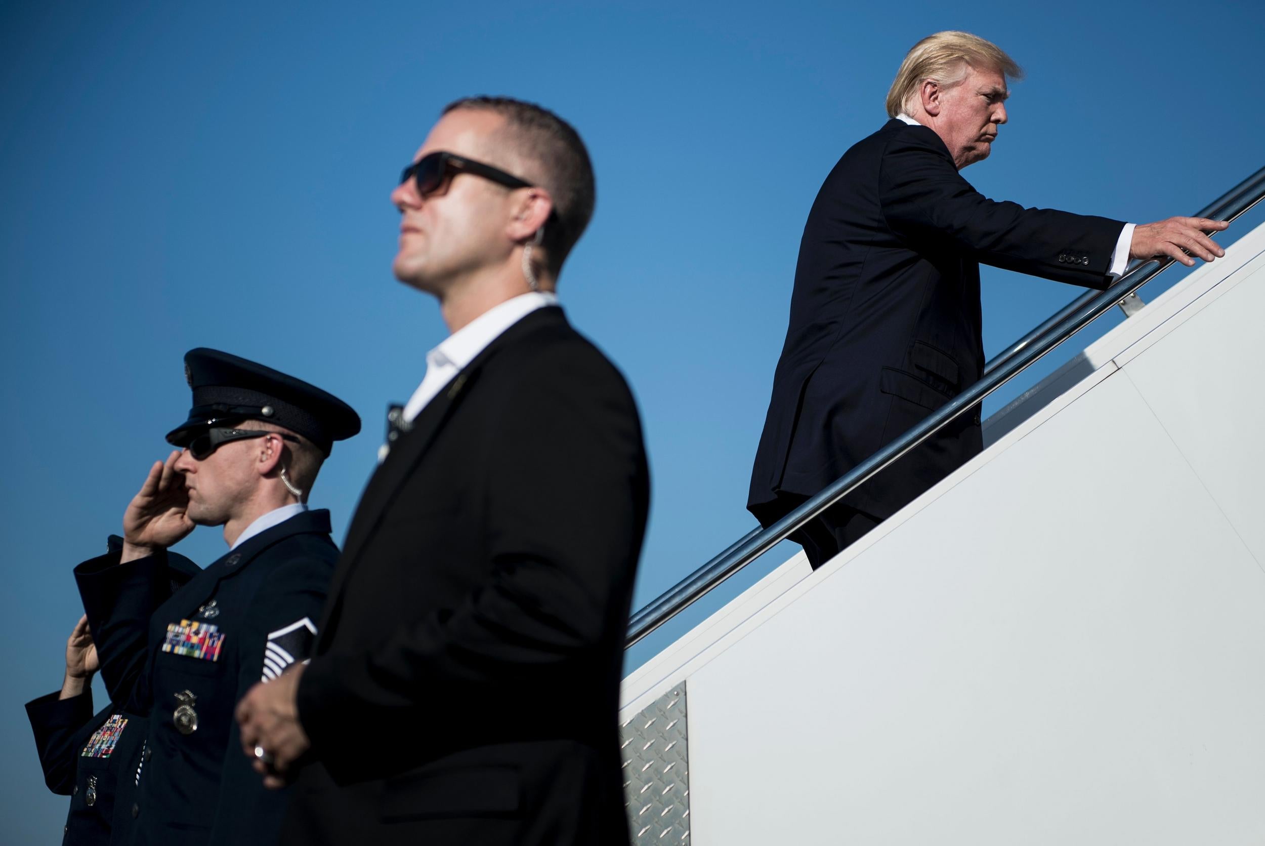 Donald Trump boards Air Force One at Morristown Airport
