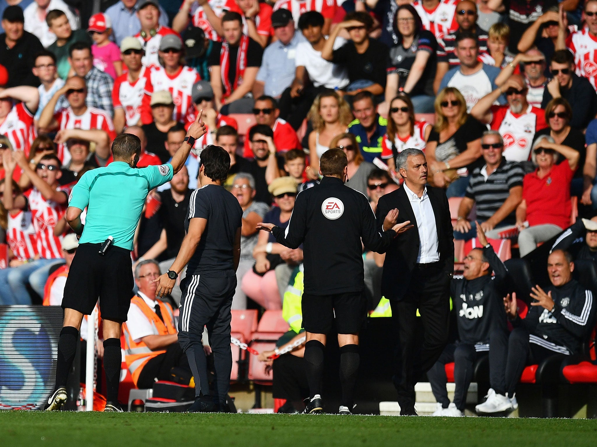 Jose Mourinho is dismissed by Craig Pawson at St Mary's