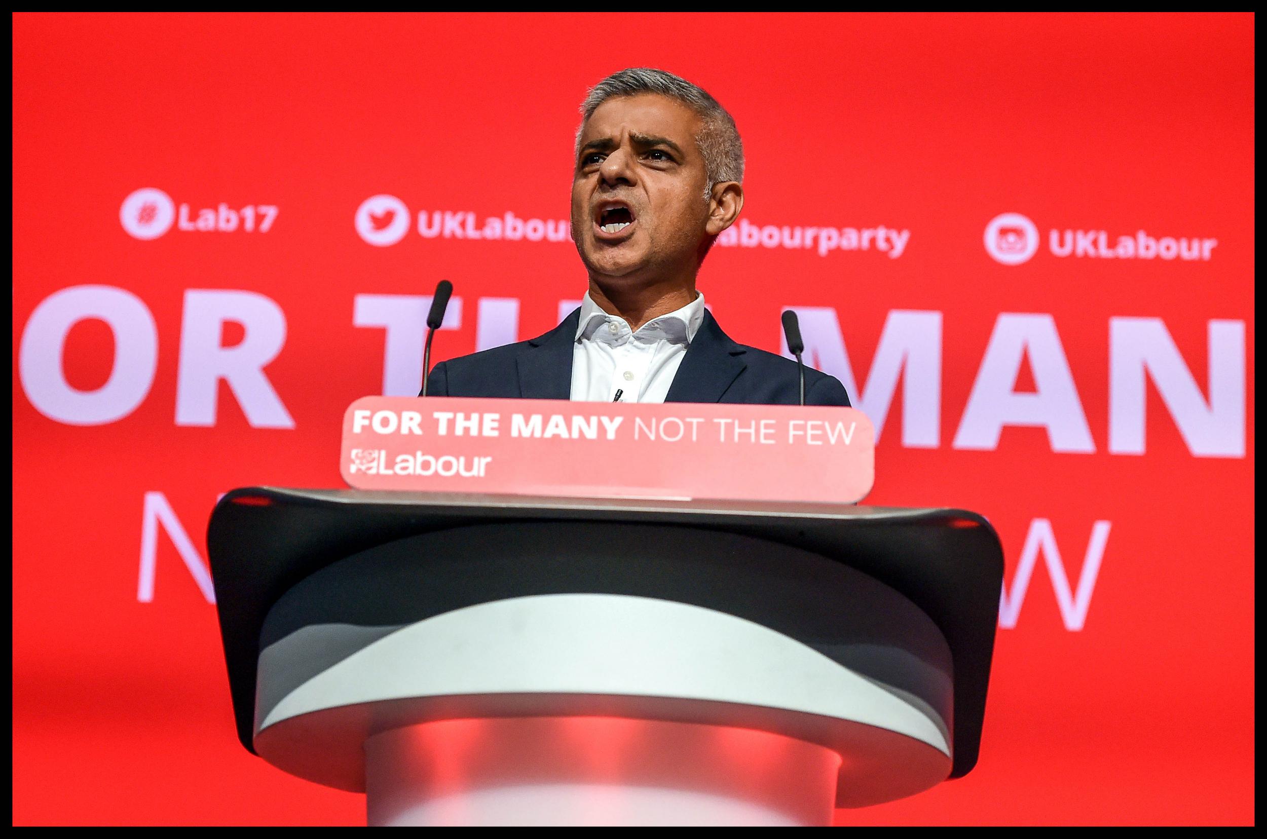 Sadiq Khan, Mayor of London, speaks at the Labour Party annual conference in Brighton.