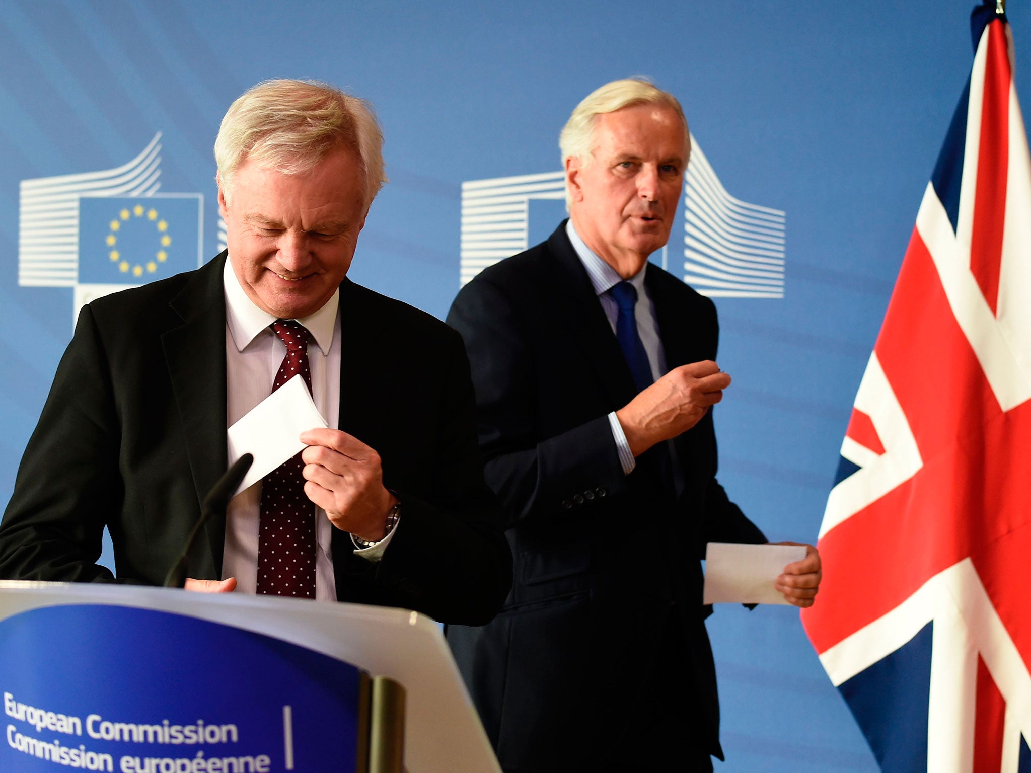 Michel Barnier (right) and David Davis appeared to have made little progress during Brussels discussions yesterday