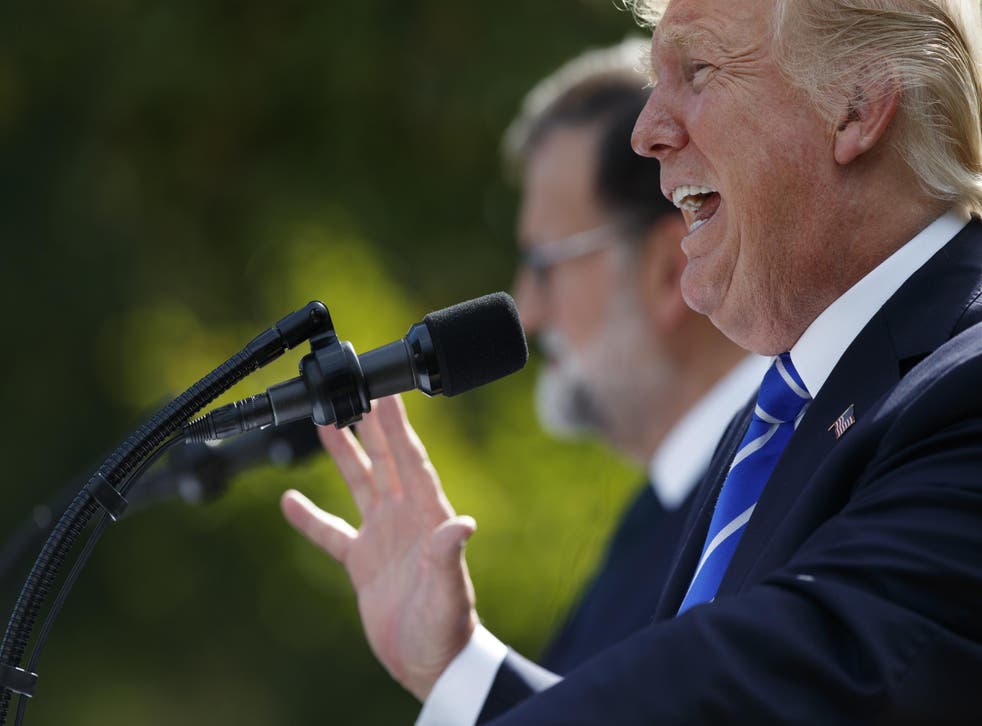 Donald Trump at a press conference outside the White House with Spain Prime Minister Mariano Rajoy