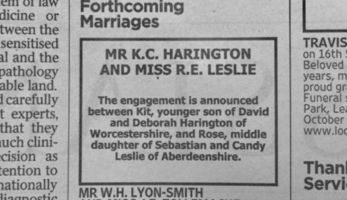 Announcement in The Times of the engagement between Kit Harington and Rose Leslie