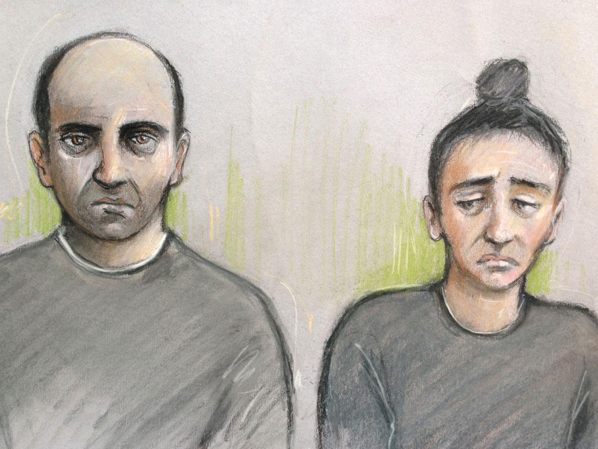 Court artist sketch of Ouissem Medouni 40, and his partner Sabrina Kouider, 34, appearing at the Old Bailey in London at an earlier hearing