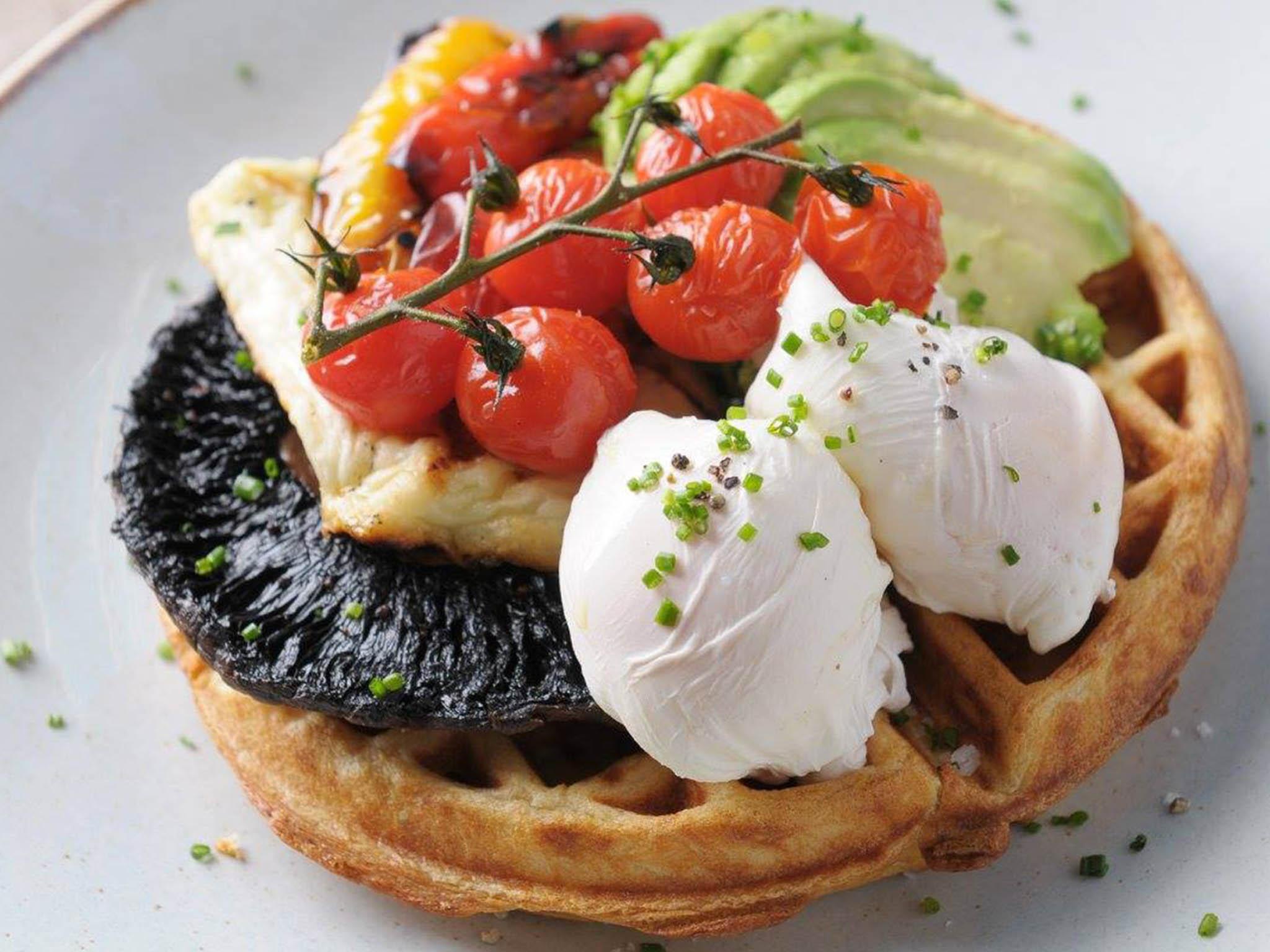 &#13;
Nordic cure: a waffle topped with eggs, chorizo, bacon, halloumi, avocado, pepper and beans &#13;