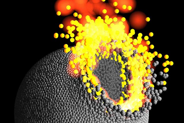 A computer simulation of two small planets colliding with each other. The colours show how the rock of the impacting body (dark grey, in centre of impact area) accretes to the target body (rock; light grey), while some of the rock in the impact area is molten (yellow to white) or vaporized (red).
