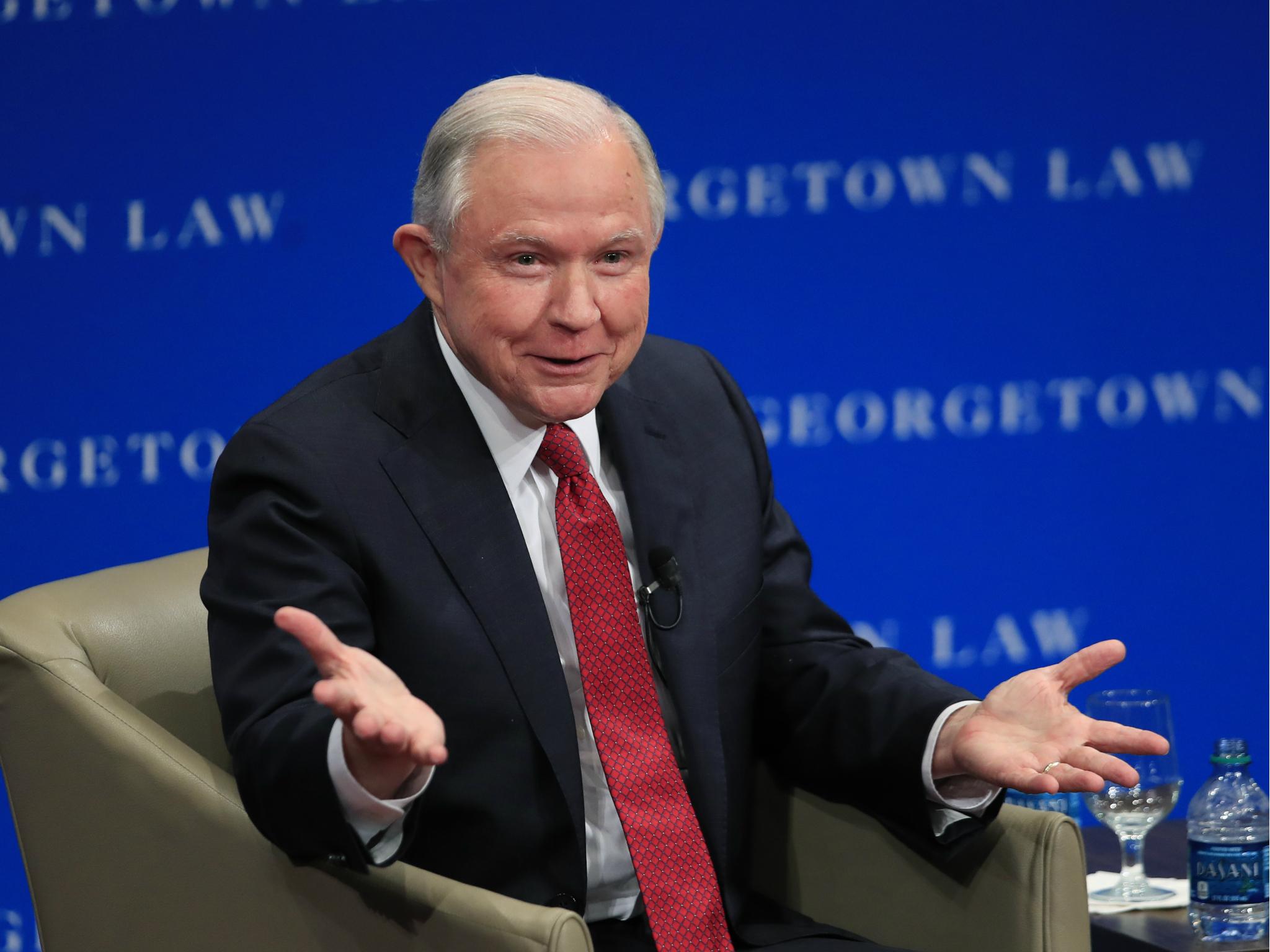 Attorney General Jeff Sessions speaks about free speech at the Georgetown University Law Center in Washington, DC on 26 September.