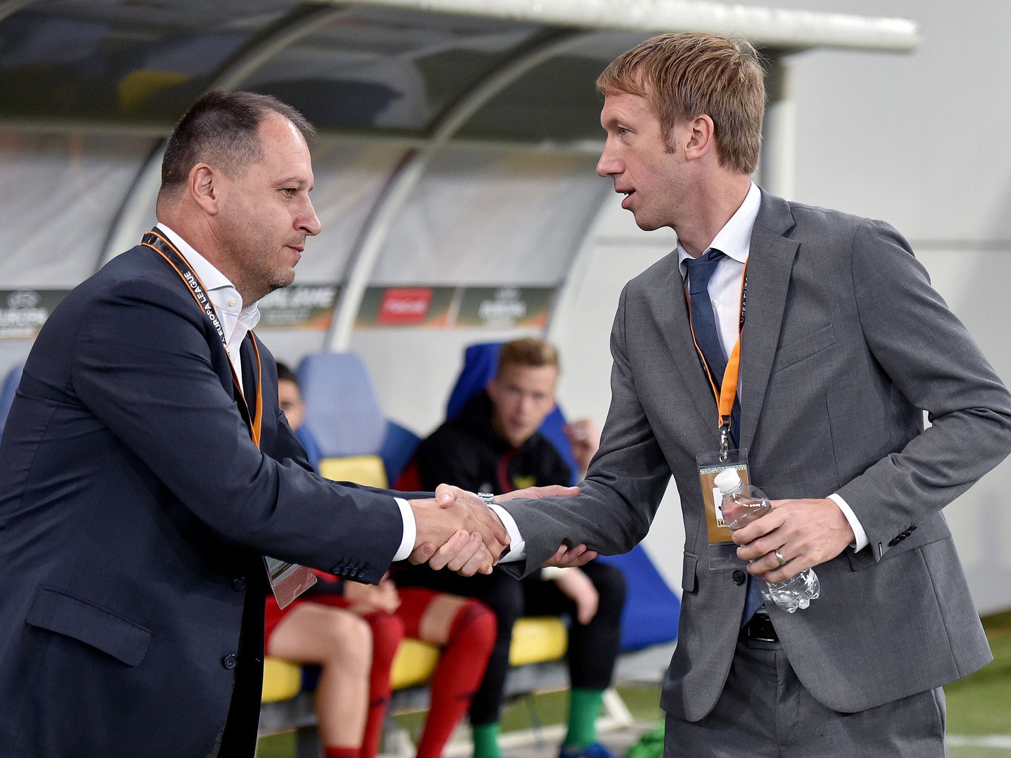 Potter with Zorya head coach Iurii Vernydub before their Europa League clash