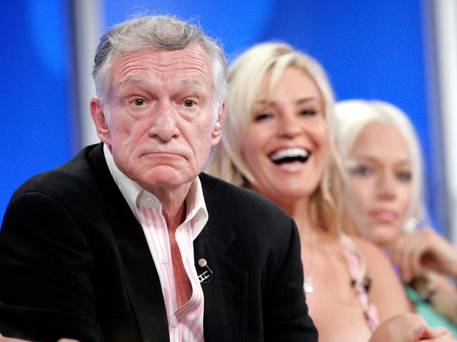 Playboy founder Hugh Hefner at a panel discussion of his TV show "The Girls Next Door" in 2005