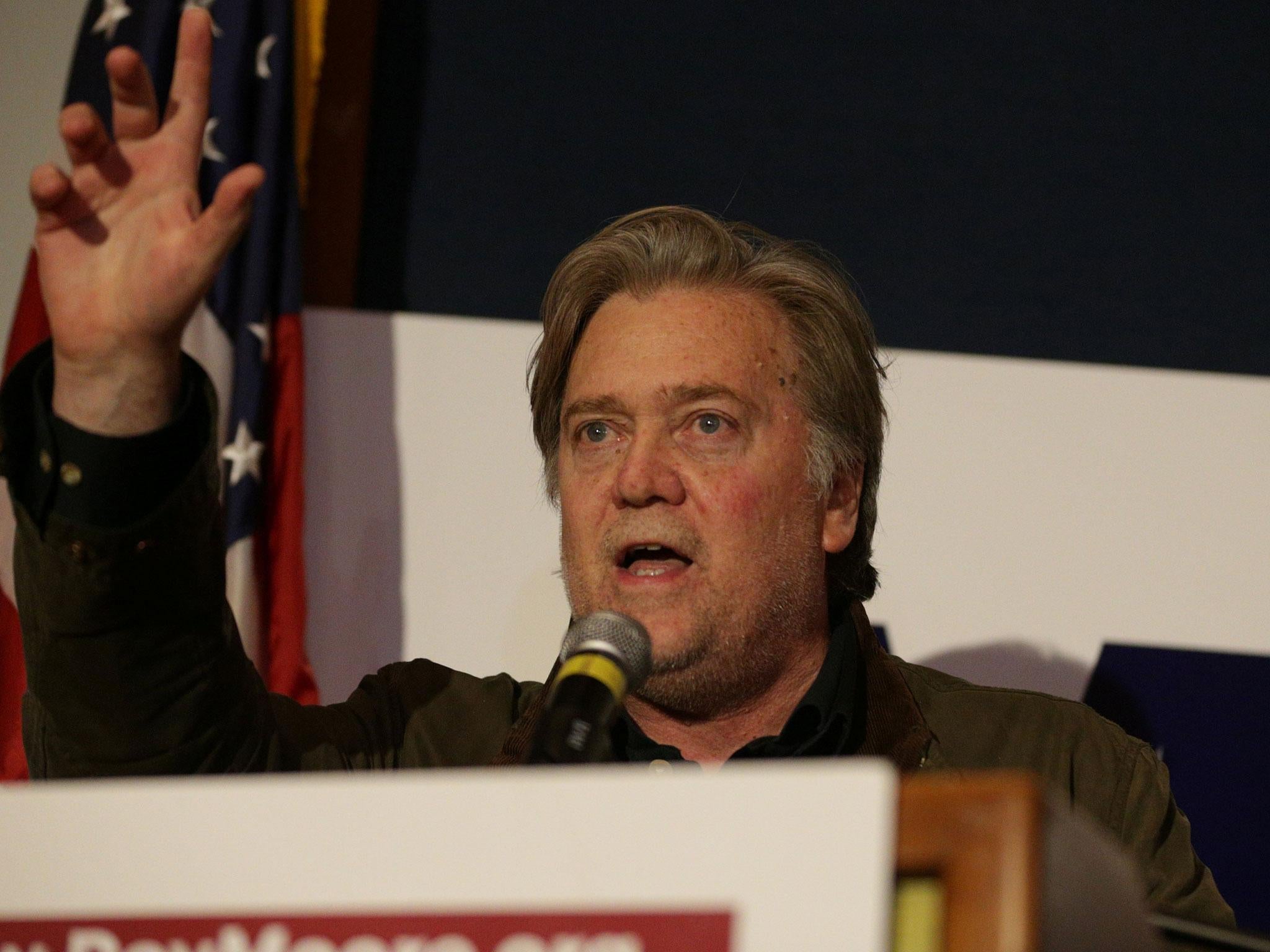 Steve Bannon speaks after Republican candidate Roy Moore defeated incumbent Luther Strange