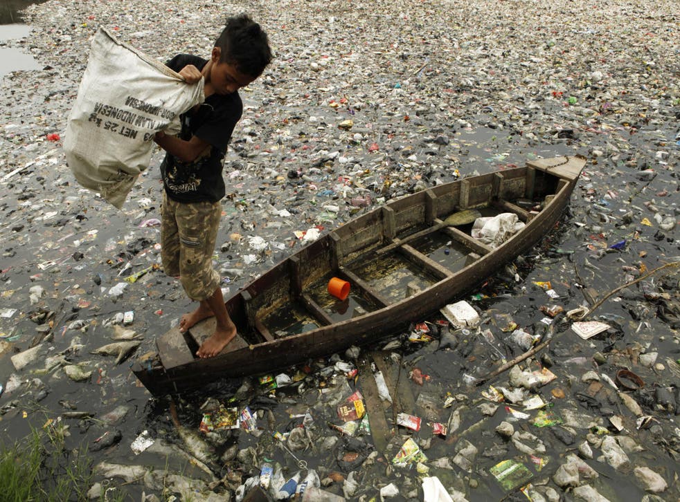 A child collects plastic cups from a polluted river in Jakarta