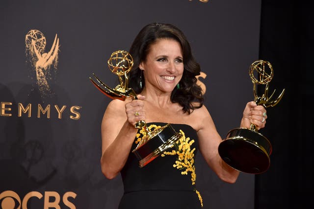 Actor Julia Louis-Dreyfus poses in the press room during the 69th Annual Primetime Emmy Awards