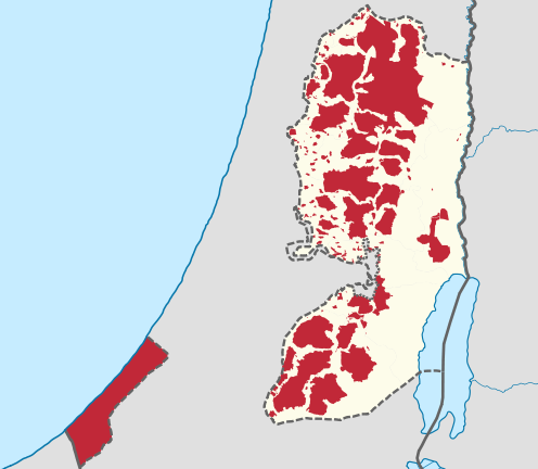 Map showing areas of Palestinian Authority control or joint control (red) of the West Bank as of 2006