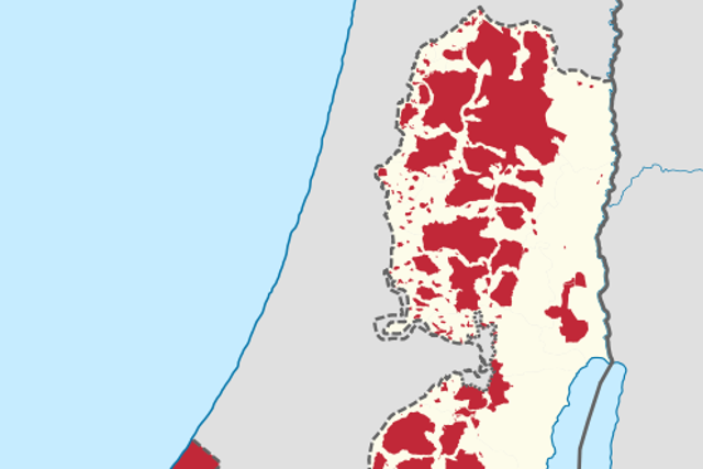 Map showing areas of Palestinian Authority control or joint control (red) of the West Bank as of 2006
