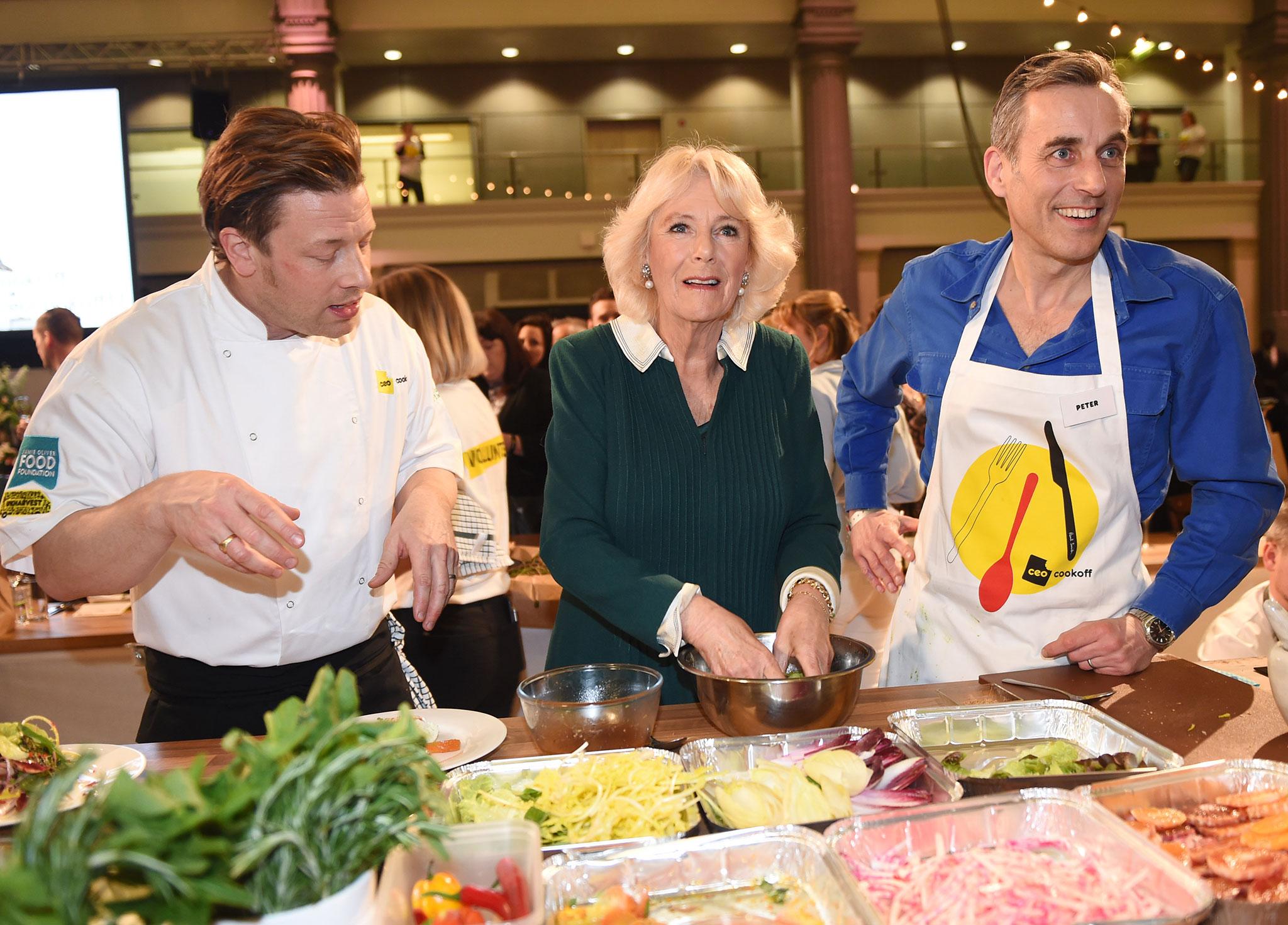 Peter Harding taking part in a cook-off for charity with Jamie Oliver and the Duchess of Cornwall, Camilla Parker-Bowles