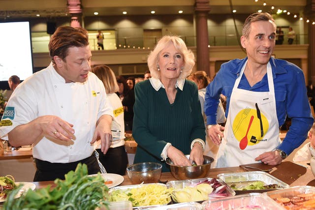 Peter Harding taking part in a cook-off for charity with Jamie Oliver and the Duchess of Cornwall, Camilla Parker-Bowles
