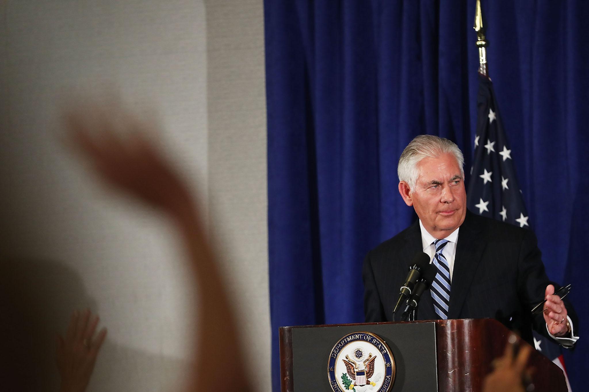 Secretary of State Rex Tillerson speaks to the media following a meeting with Iranian leaders over the Iran nuclear deal