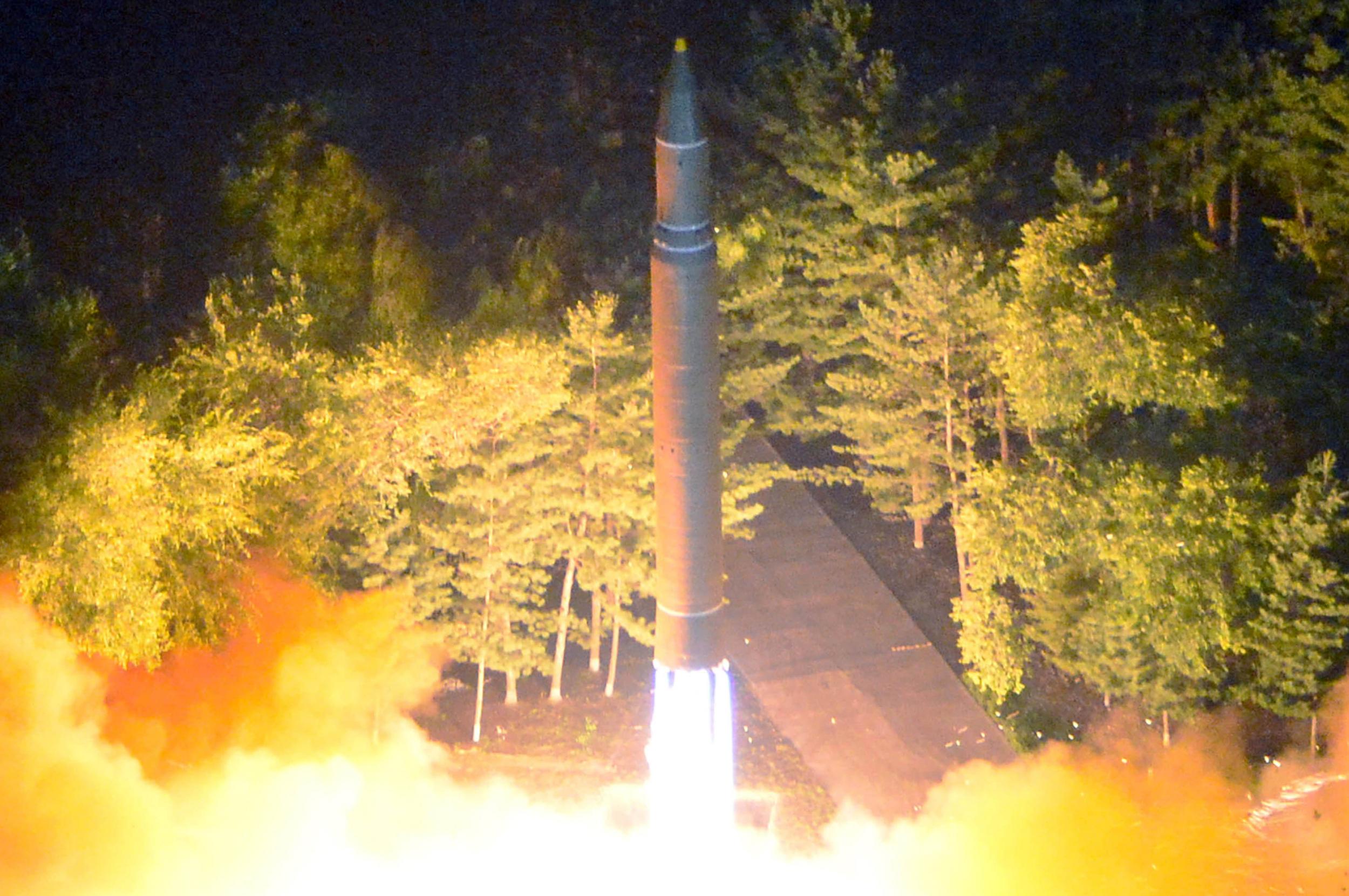 Intercontinental ballistic missile (ICBM) Hwasong-14 during its second test-fire