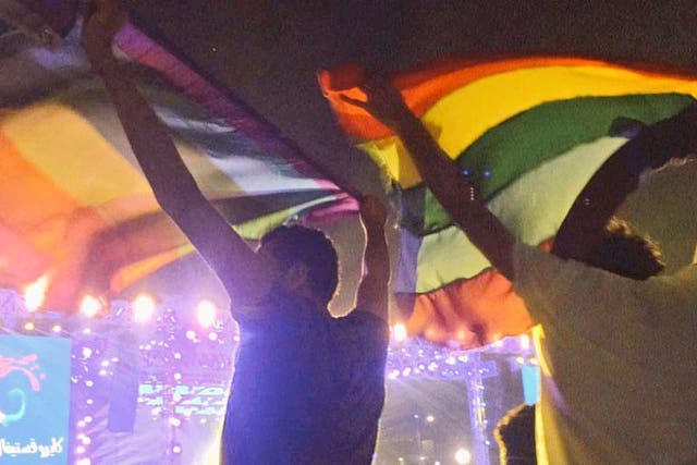 LGBT+ rights supporters wave the rainbow flag at a Mashrou’ Leila concert in Cairo earlier this month