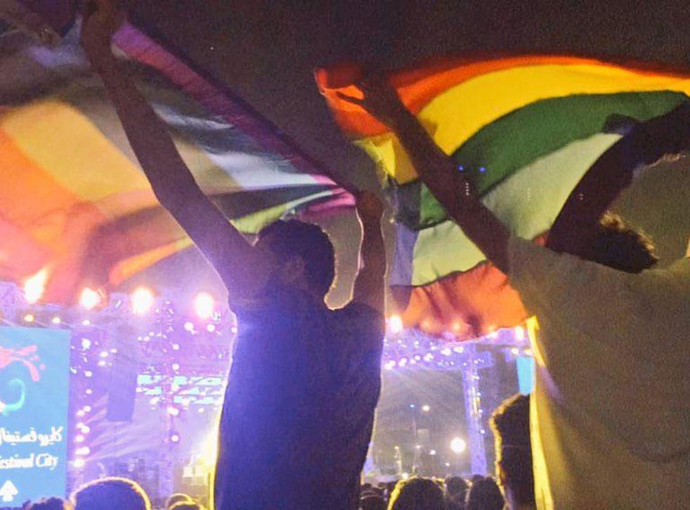 LGBT+ rights supporters wave the rainbow flag at a Mashrou’ Leila concert in Cairo earlier this month