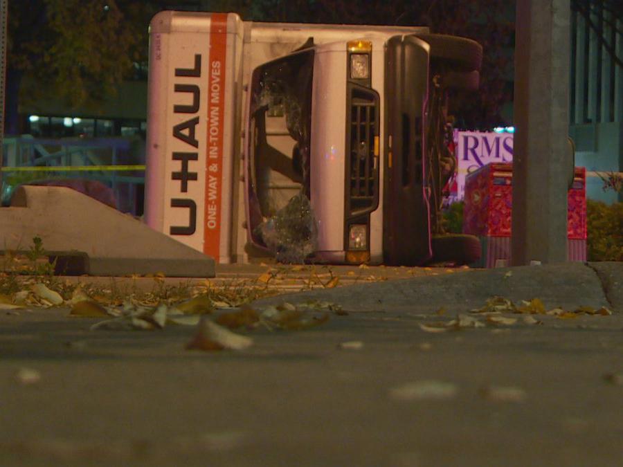 A toppled U-Haul truck in Edmonton, Canada at the scene of terrorist incident
