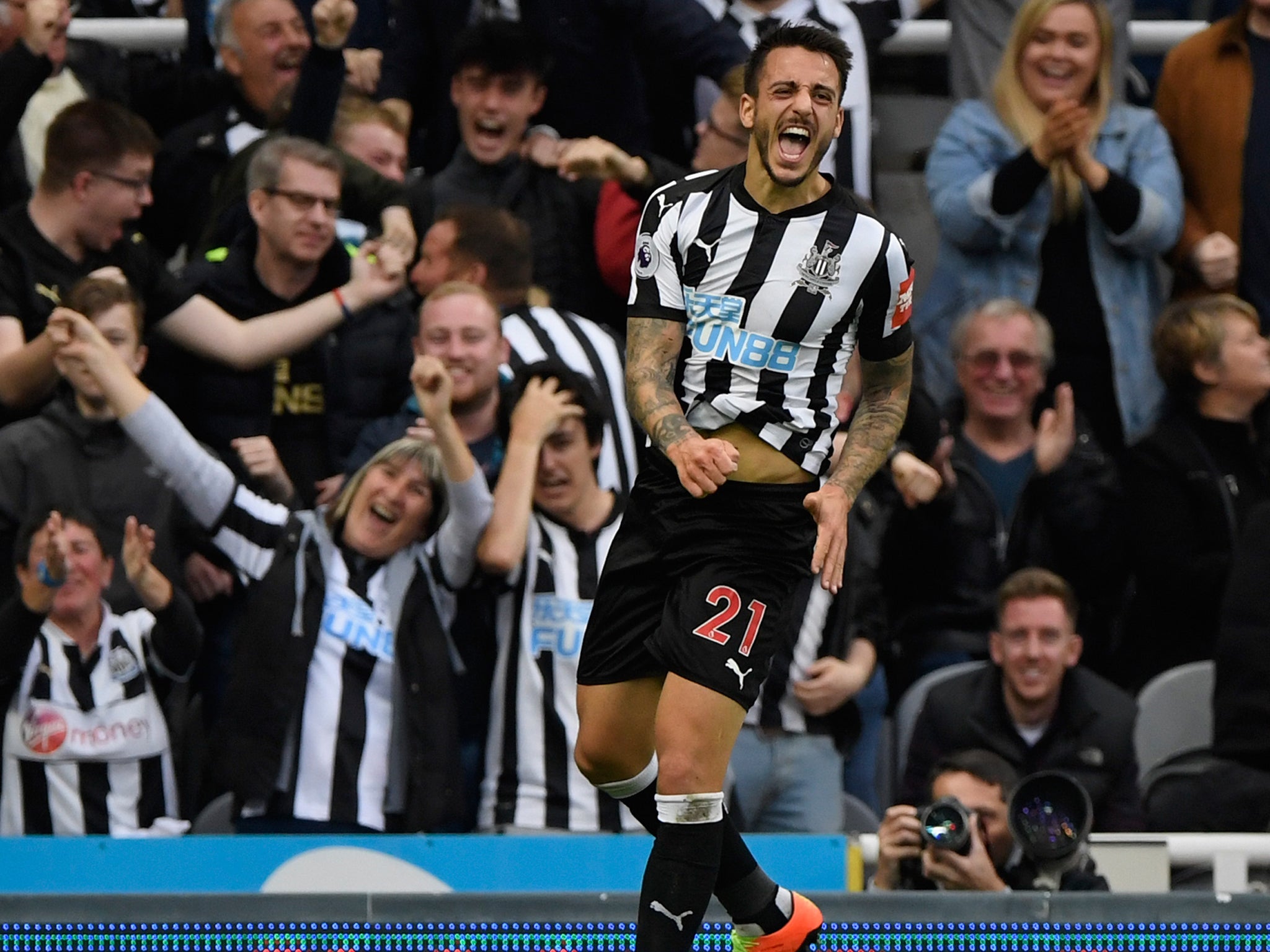 Joselu celebrates scoring the equaliser against Liverpool