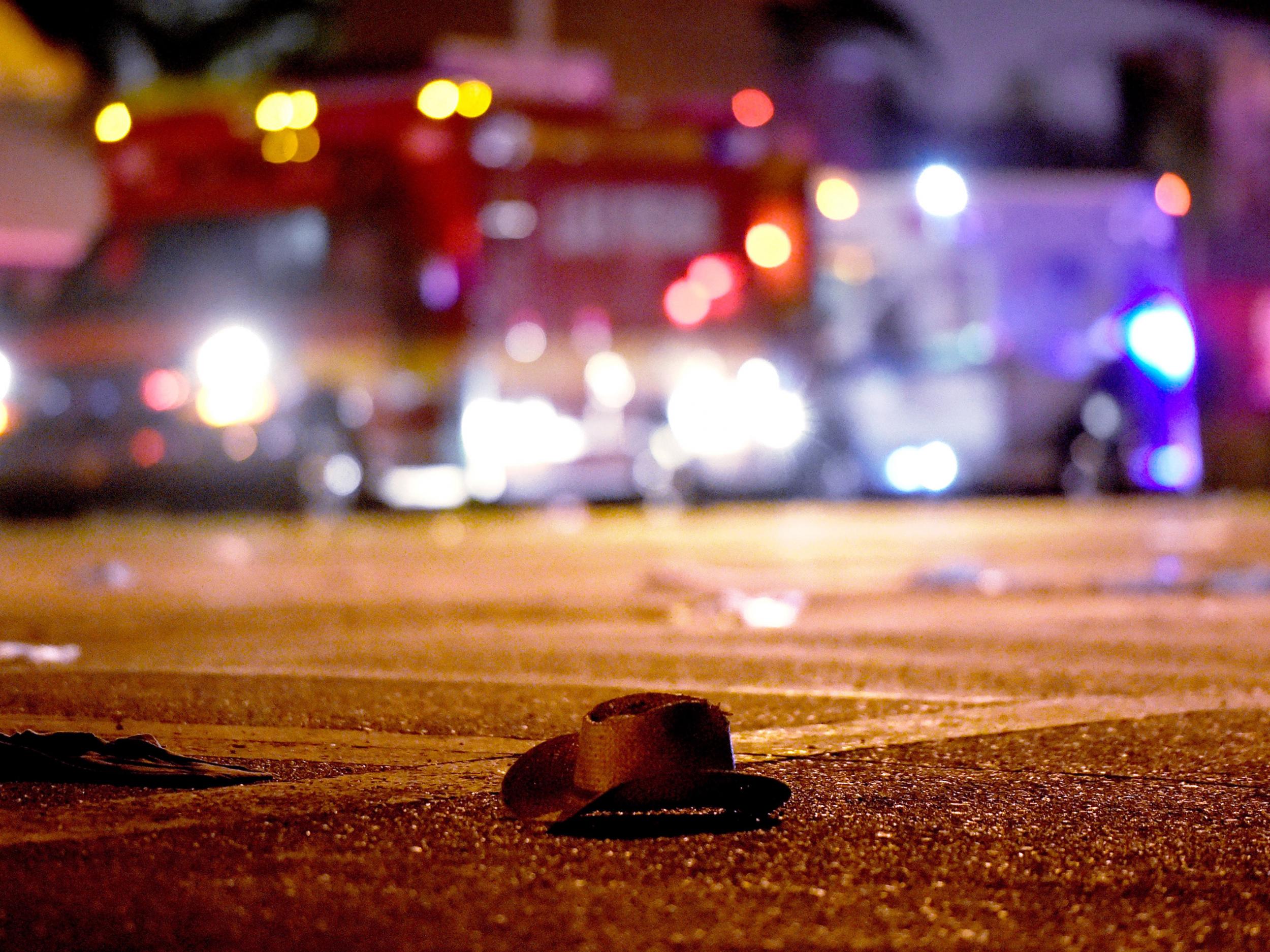 A cowboy hat lays in the street after shots were fired near a country music festival in Las Vegas
