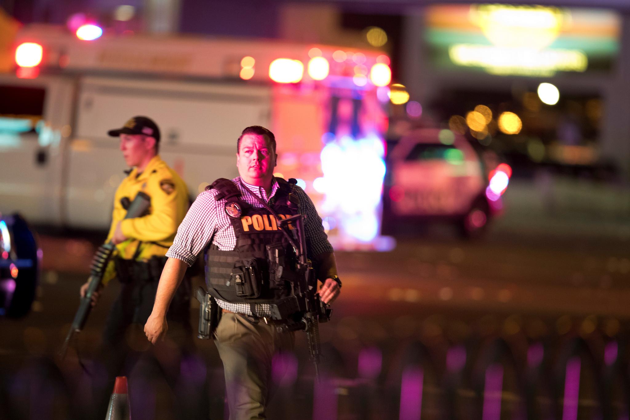Law enforcement officers on Las Vegas Boulevard South on 2 October 2017 following the mass shooting