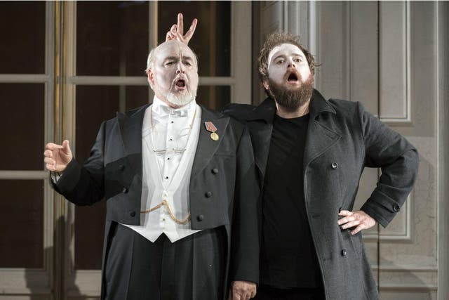 Kim Begley as Polonius and Allan Clayton as Hamlet in Glyndebourne's opera 'Hamlet'