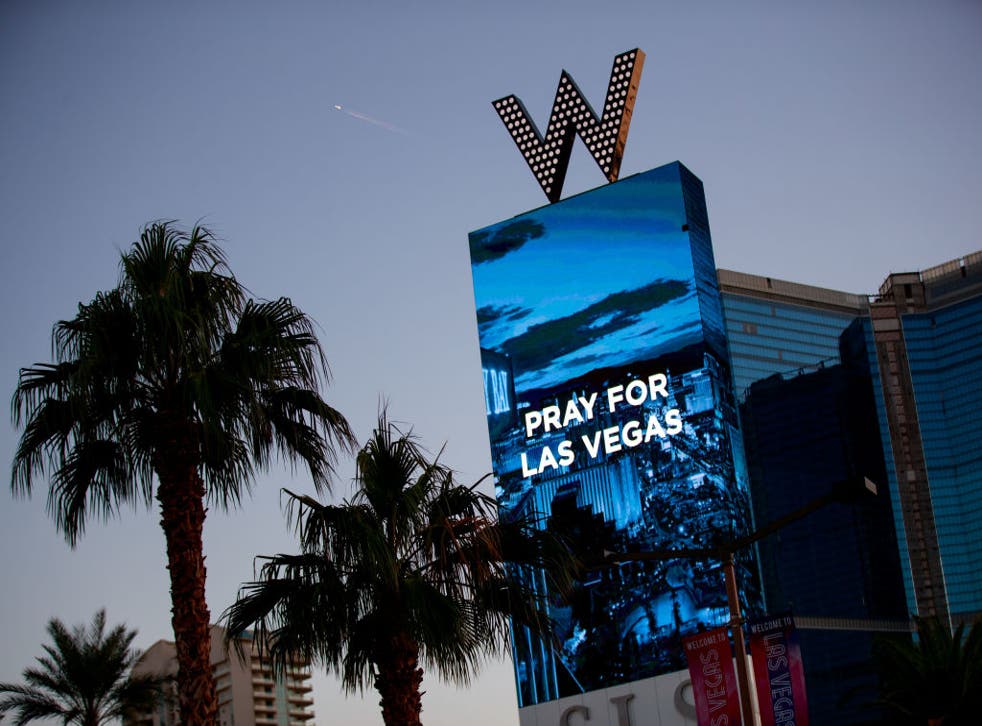 The W Las Vegas displays a message for the victims of Sunday night's mass shooting