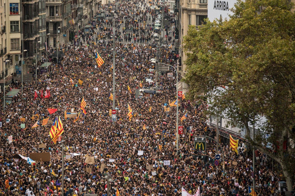 Barcelona: Thousands of protestors gathered in Plaza Universitat to protest against Sunday's police violence