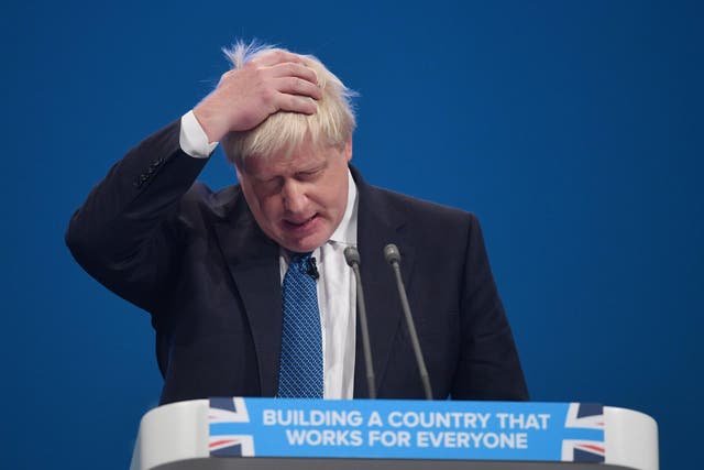 Boris Johnson delivers his speech on the third day of Conservative Party conference