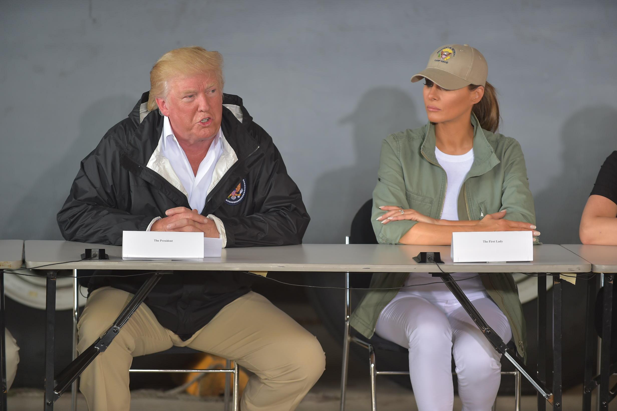 US President Donald Trump and First Lady Melania Trump attend a meeting with Puerto Rico Governor Ricardo Rossello