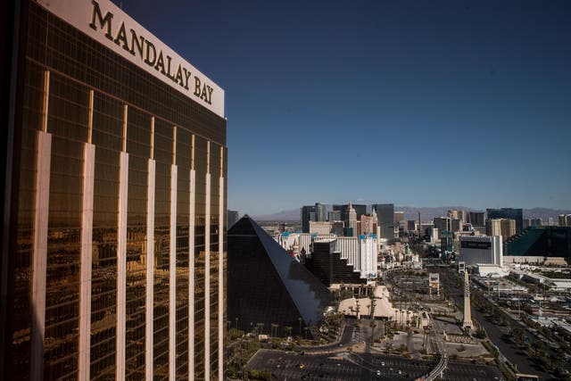 A view of the Mandalay Bay Resort and Casino, overlooking the Las Vegas Strip after a mass shooting at a music concert