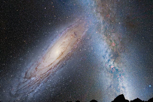 An illustration of the collision expected in some four billion years’ time between our Milky Way galaxy (right) and Andromeda