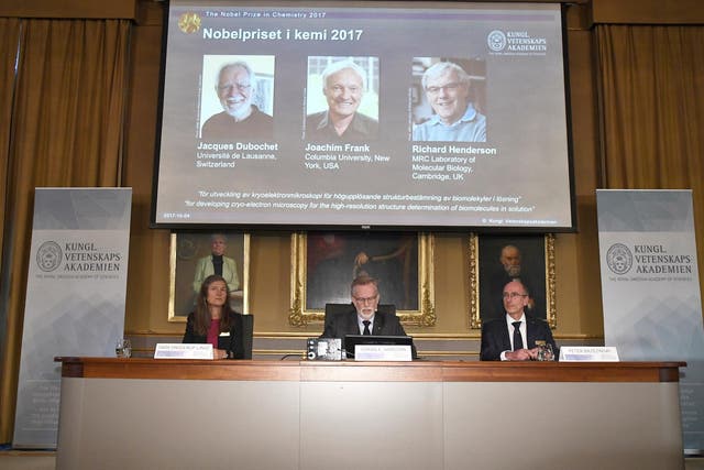 Gunnar von Heijne (C), Secretary of the Nobel Committee for Chemistry 2017, Sara Snogerup Linse, Chair of the Nobel Committee for Chemistry 2017 and Peter Brzezinski, Professor of Biochemistry, announce the winners of the 2017 Nobel Prize in Chemistry during a press conference in Stockholm, Sweden, October 4, 2017