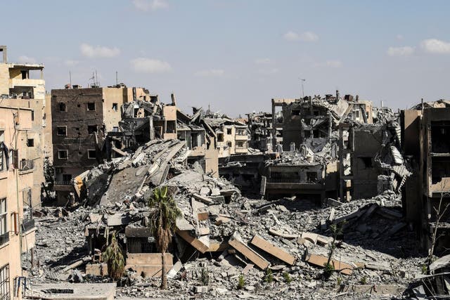 Destruction near Raqqa's central hospital, one of the last Isis-controlled buildings in the city, photographed on 1 October 2017