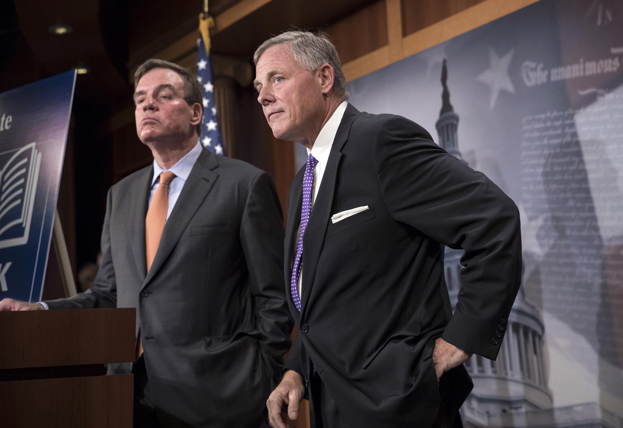Senate Select Committee on Intelligence Chairman Richard Burr and Vice Chairman Mark Warner update reporters on the status of their inquiry into Russian interference in the 2016 US election