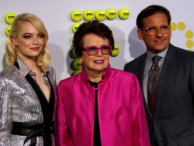 Billie Jean King with Emma Stone and Steve Carrell at the premiere of their new film Battle of the Sexes, about her famous face-off against Bobby Riggs in 1973