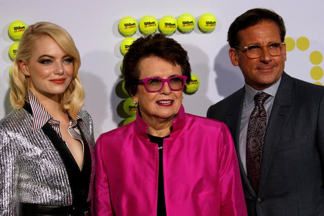Billie Jean King with Emma Stone and Steve Carrell at the premiere of their new film Battle of the Sexes, about her famous face-off against Bobby Riggs in 1973