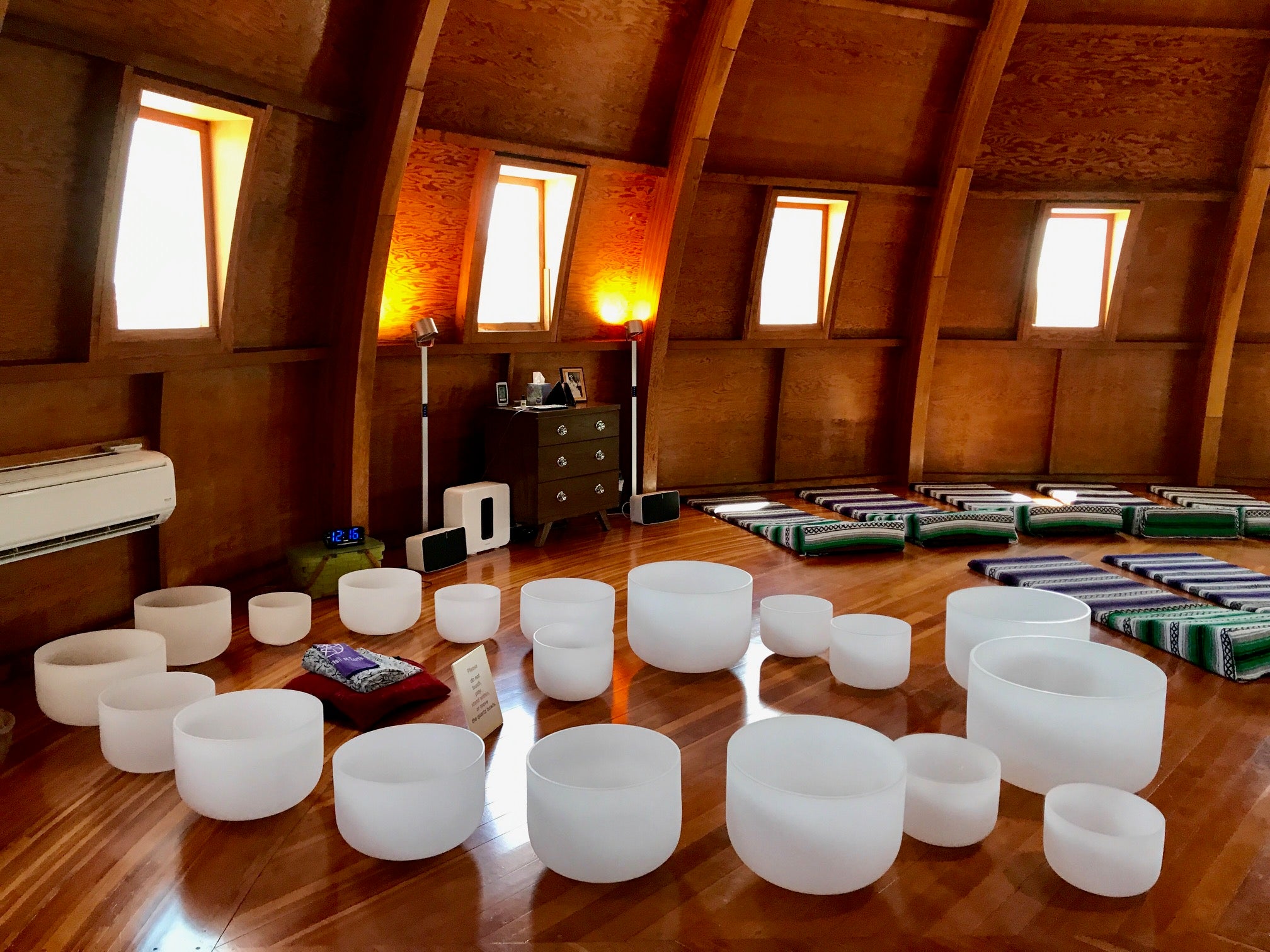 The sound bath uses crystal bowls