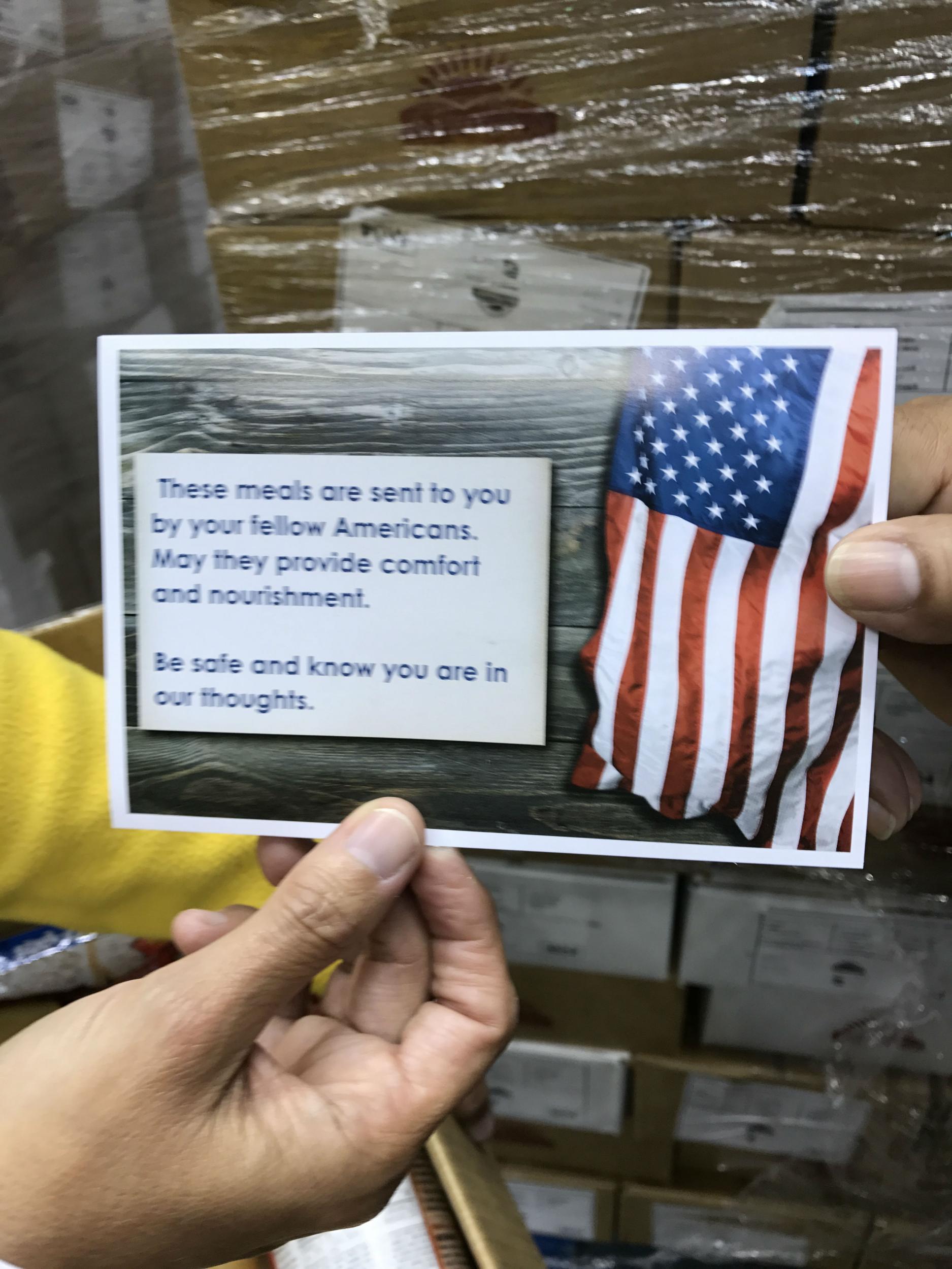 A postcard of American goodwill is included in every Fema?food box along with the apple sauce and ravioli