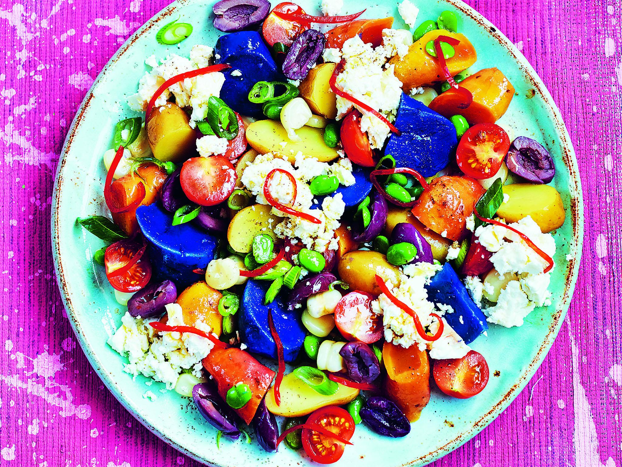 All things bright and beautiful: with purple potatoes, cherry tomatoes and Kalamata olives this dish bursts with colour