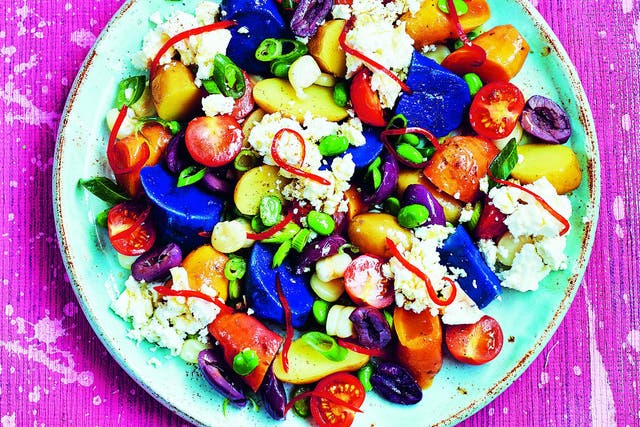 All things bright and beautiful: with purple potatoes, cherry tomatoes and Kalamata olives this dish bursts with colour 