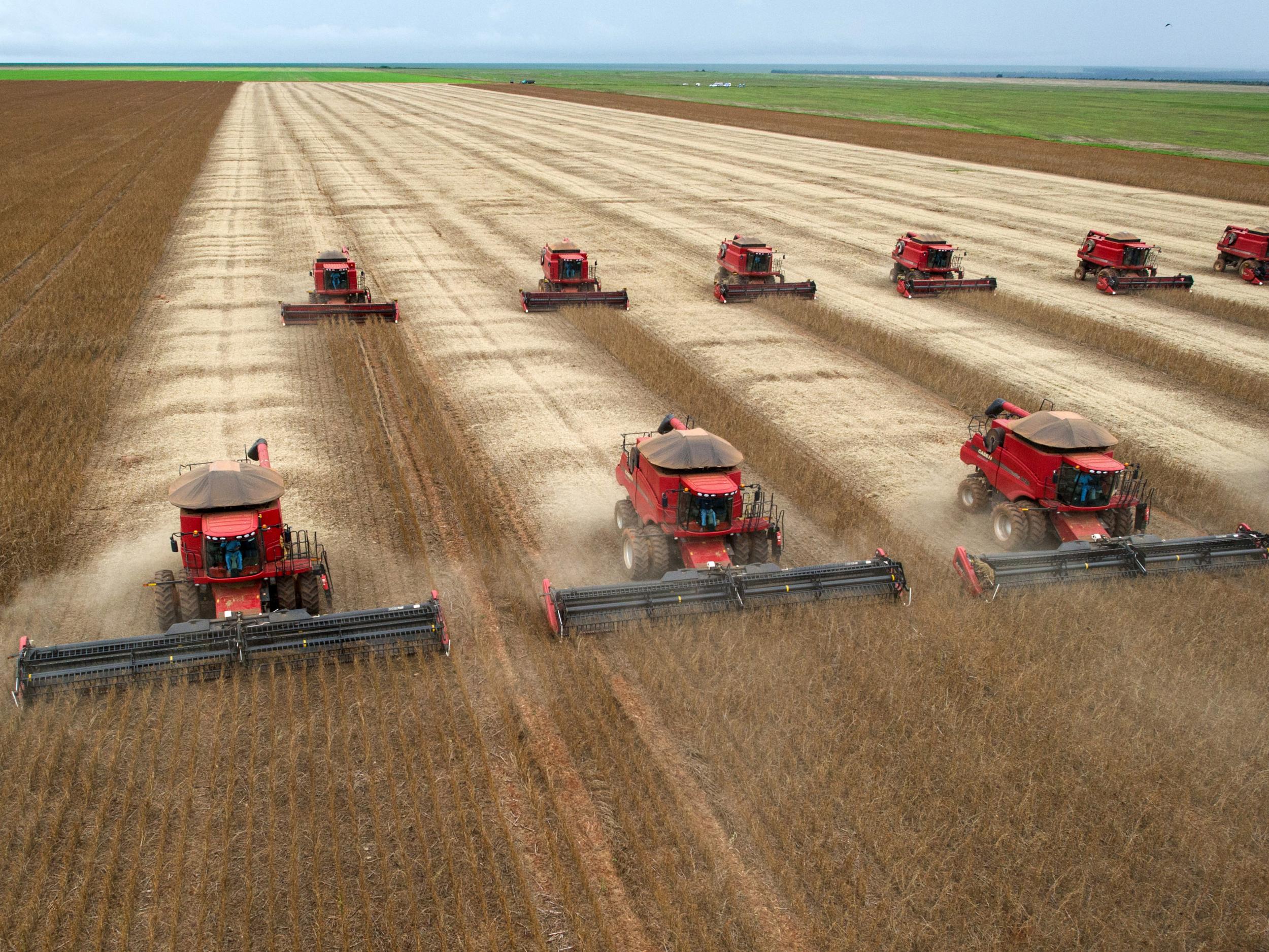 Combine harvesters crop soybeans in Campo Novo do Parecis, about 400km northwest from the capital city of Cuiaba, in Mato Grosso, Brazil