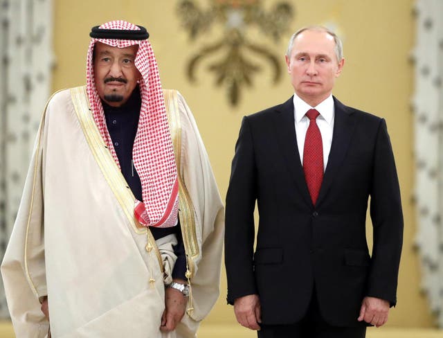 King Salman bin Abdulaziz Al Saud of Saudi Arabia and Russia's President Vladimir Putin meet for talks at the Moscow Kremlin