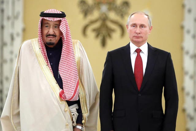 King Salman bin Abdulaziz Al Saud of Saudi Arabia and Russia's President Vladimir Putin meet for talks at the Moscow Kremlin