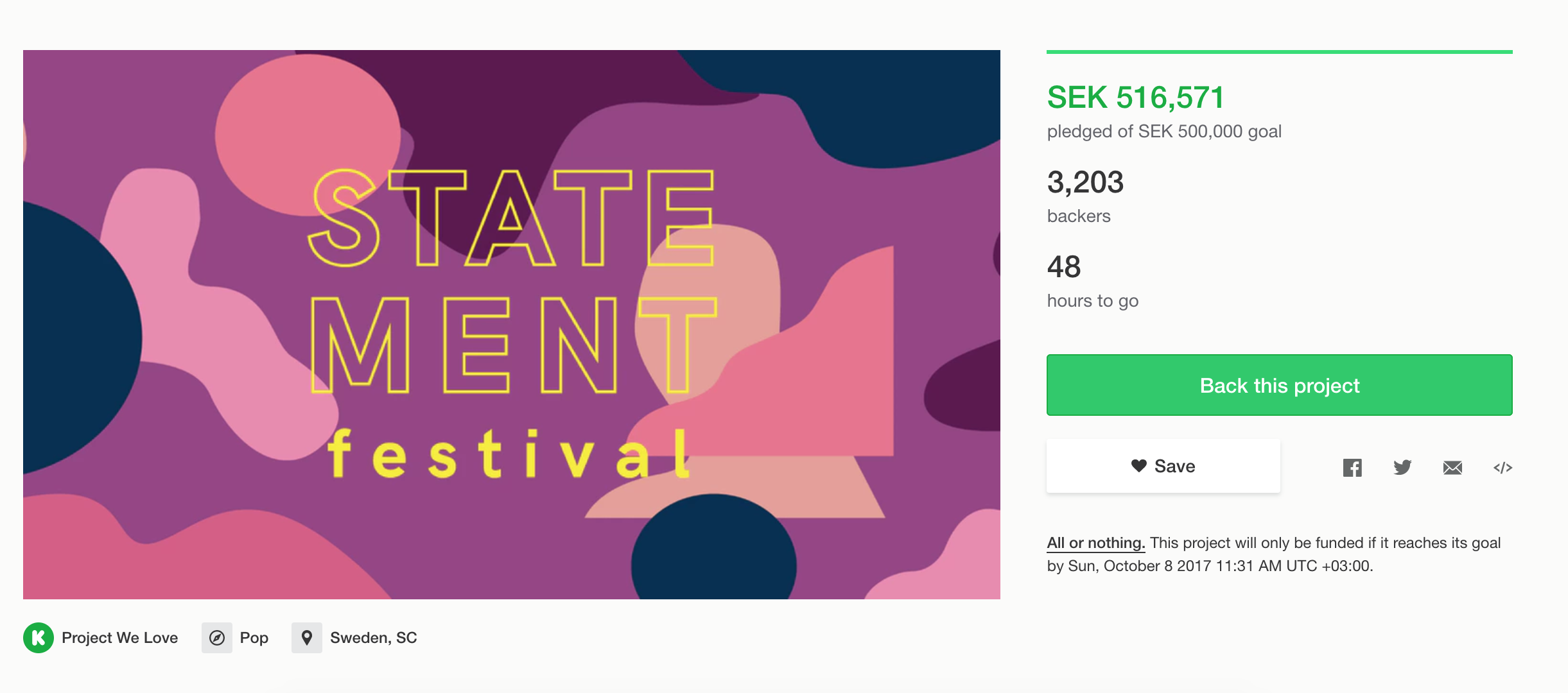 The Kickstarter page for women-only music event: Statement Festival