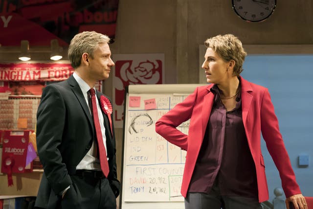 Martin Freeman as David Lyons and Tamsin Greig as Jean Whittaker in James Graham’s new comedy