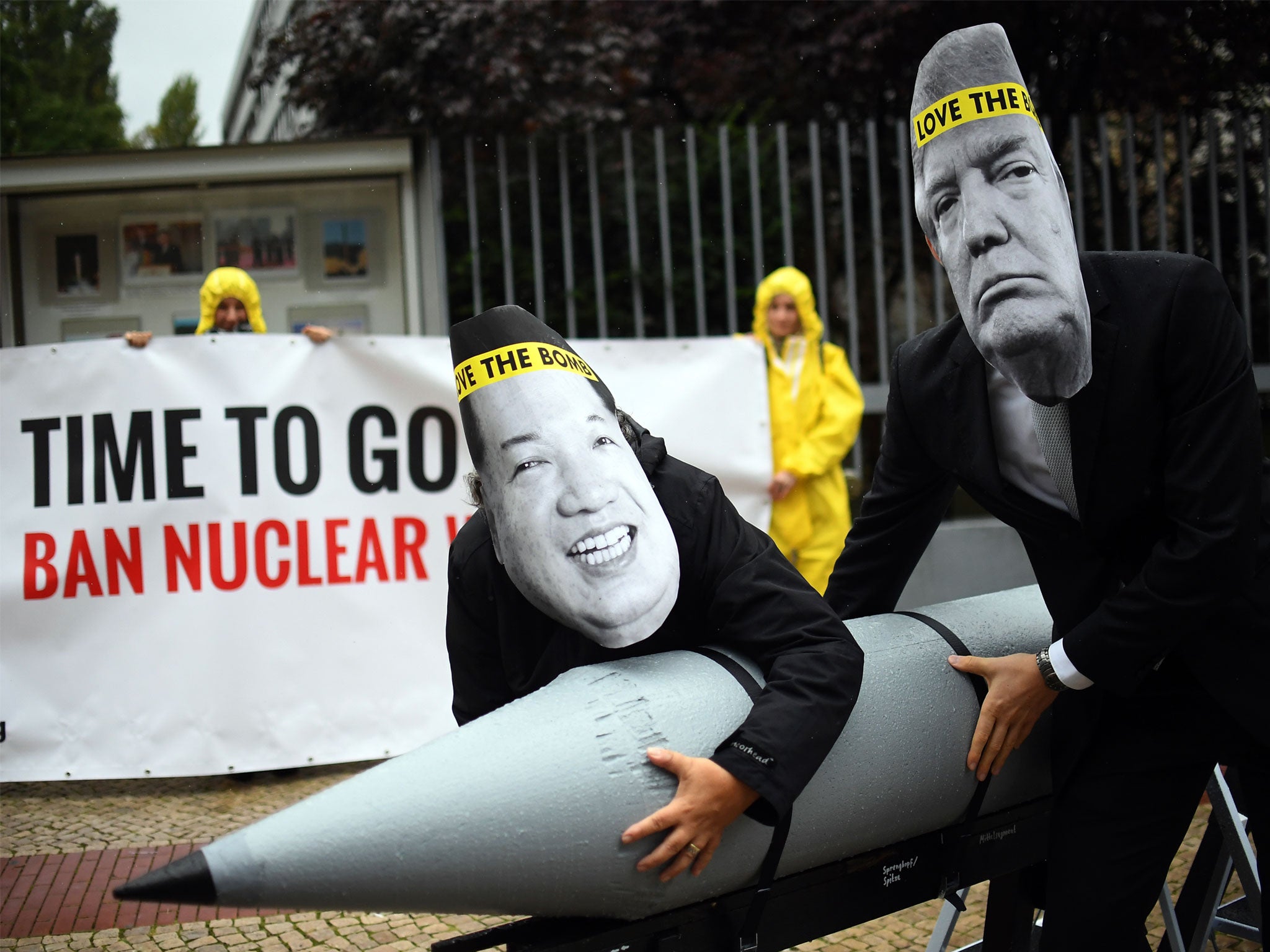 Activists from the International Campaign to Abolish Nuclear Weapons protest against the conflict between North Korea and the US